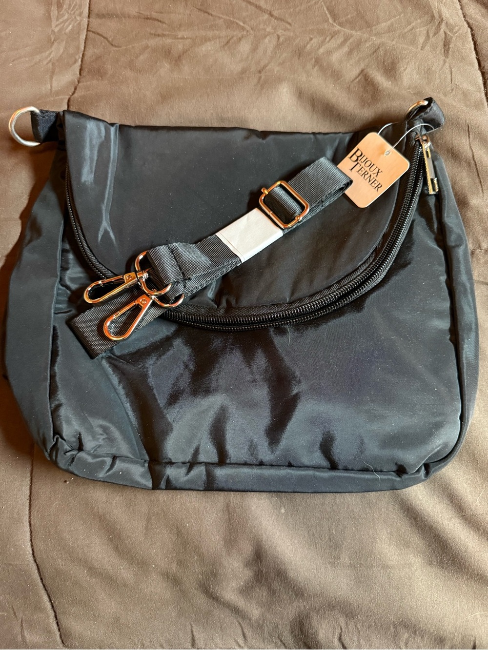 Bijoux Terner Black Nylon Flap Crossbody Bag with Adjustable Strap